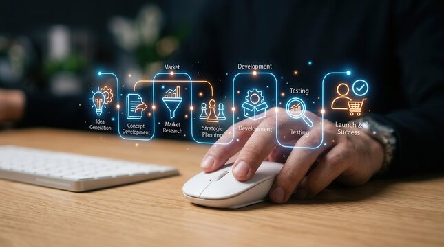 Conceptualizing new product development through a creative idea generation process roadmap with innovation icons.