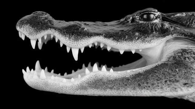 Close-up black and white side profile of alligator snout with sharp teeth