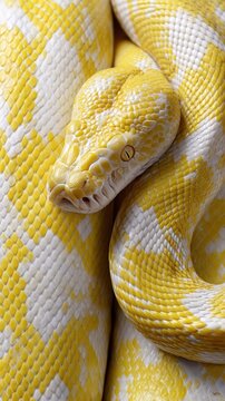 Vibrant yellow and white burmese python close-up with intricate scale patterns