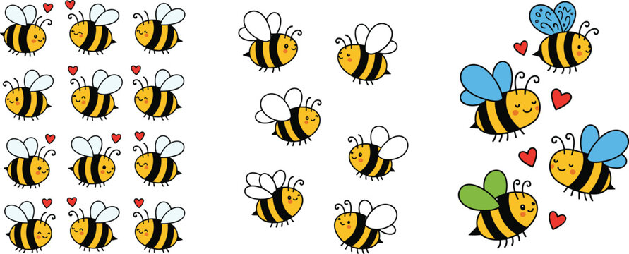 Cute bee cartoon collection vector illustration with flying honey bees, hearts and different wing styles, adorable insect characters set for kids design and nature theme