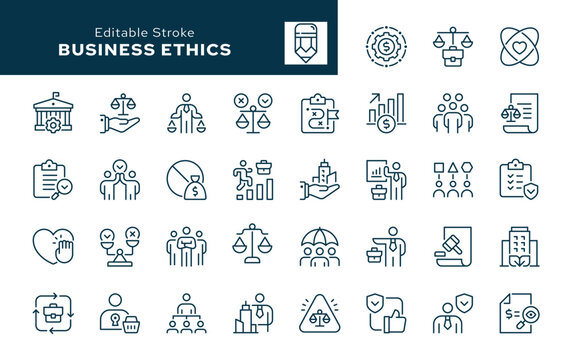 Business ethics. Set of outline icons. Moral standards, values ​​and principles, honesty, fairness, trust, equality, compliance, anti-corruption, responsibility. Line icon in linear style. Vector coll