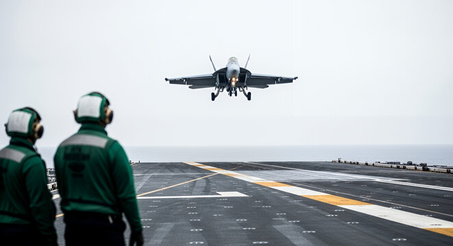 Military personnel observing an aircraft landing on a carrier deck in a foggy environment