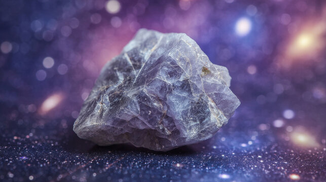 Ulexite TV stone mineral close up on cosmic background with galaxies, optical illusion projecting through crystal, surreal geology and astronomy concept for science and metaphysical design