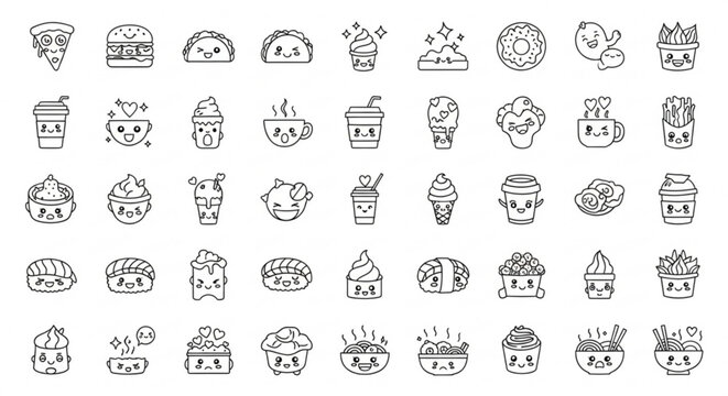 A collection of cute food icons featuring various desserts and faces