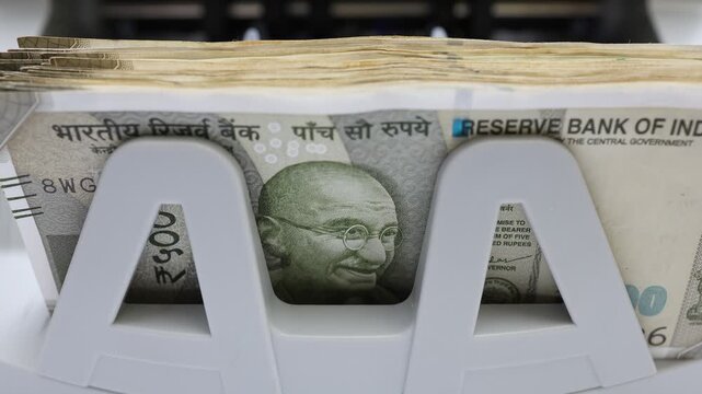 Macro shot of banknote counting machine with Indian rupee (INR) money. Automatic currency counter equipment processing 500 rupees with Mahatma Gandhi portrait. Finance and banking industry in India.