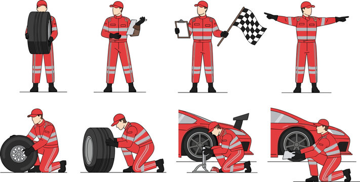 Pit Stop Crew Illustration Set with Racing Mechanics Changing Tires and Holding Flags for Motorsport Service Formula Race and Automotive Design