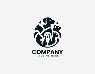 Fototapeta premium Black silhouette dog and cats standing together forming friendly animal family logo minimalist style