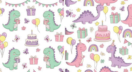 Cute dinosaur birthday seamless pattern vector illustration with cakes, balloons and gifts, pastel dino characters repeat design for kids party and nursery decor © Yevhenii creative