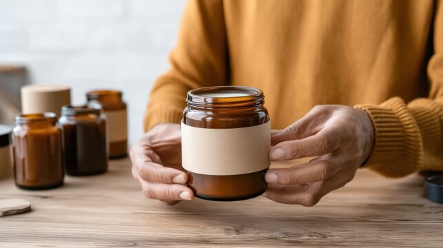 Person Holding Brown Glass Jar While Wearing Warm Sweater in Cozy Workspace Environment