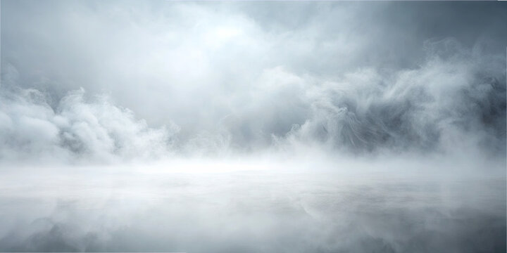Fog fills the area, creating a soft white layer that obscures the ground and any nearby features. The scene has no notable landmarks. The time is early morning, and the light is dim