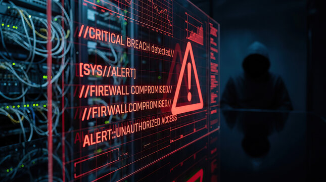 Cybersecurity alert with critical breach detected and firewall compromised warning on digital screen, hacker silhouette in dark room creating tense atmosphere