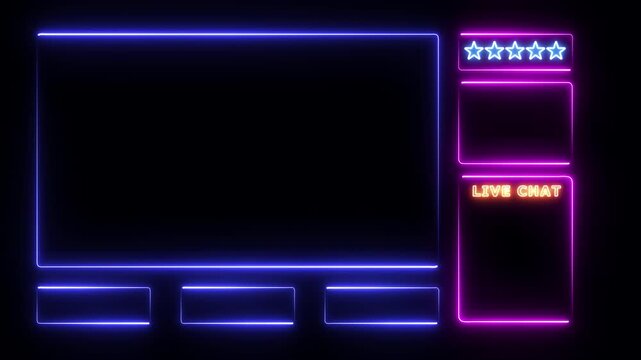 Intermission Stream Overlay Animated, Neon Sign looping facecam and chat for live streaming. Blue and purple color, HUD viewfinder. 4K video.