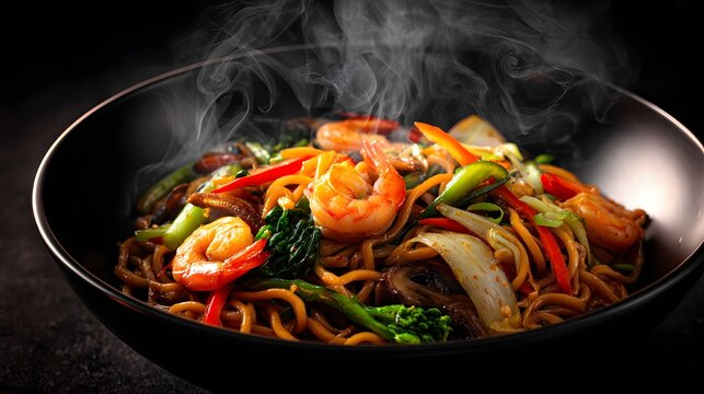 Hokkien mee in black bowl with prawns vegetables.