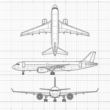 Detailed orthographic technical blueprint of commercial passenger airplane displaying top, side and front views on graph paper with precise engineering lines, scale and dimensions