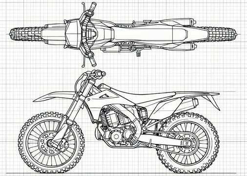 Technical blueprint-style line drawing of an off-road dirt bike shown in top and side orthographic views on graph paper, highlighting frame, suspension, wheels, and engine details