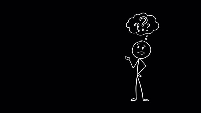 Animated Stick Figure Puzzled with Question Marks Thought Bubble on Transparent Background. Alpha channel. "Boiling line" effect. For vlogs, educational videos, and social media.