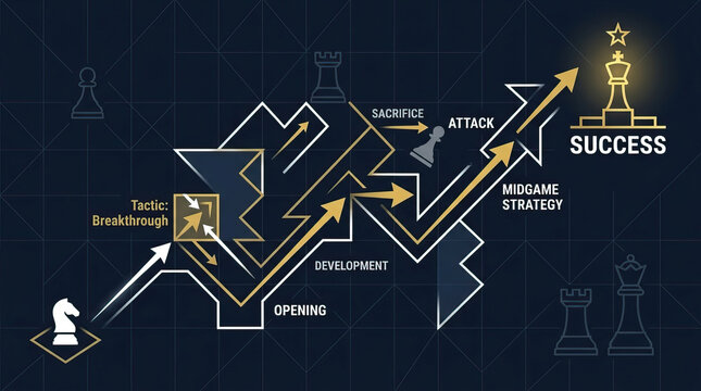 Chess strategy success concept with arrows showing breakthrough tactic, opening, development, sacrifice, attack, and midgame strategy leading to victory and achievement