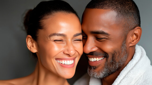 Portrait of smiling multiracial couple with healthy glowing skin close up beauty skincare concept happiness and wellness