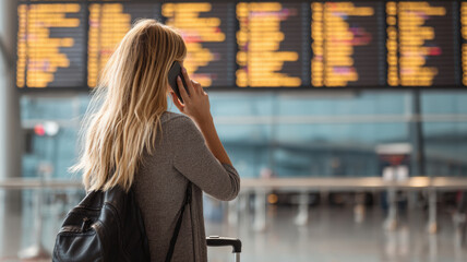 Fototapeta premium Vacation travel trip journey in holiday season. A woman standing in an airport, her back to the viewer, talking on her mobile phone while holding a trolley bag. The background is slightly blurred.
