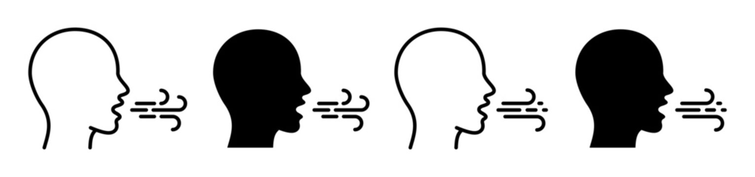 Breathing symptom icon set. Human head profile with airflow, inhale, exhale and cough signs. Respiratory concept outline pictograms for medical, air quality and health communication. 