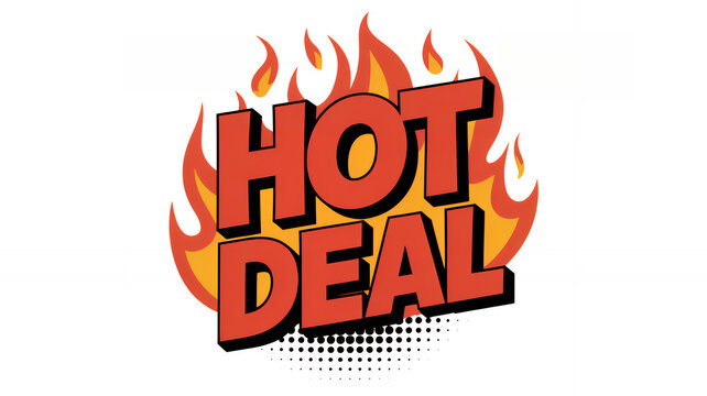 Hot deal text with comic book style speech bubble and fire flames on a white background