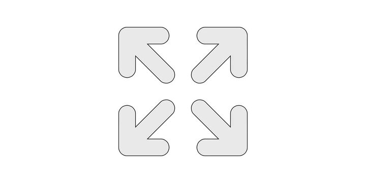 Arrows out icon animation for expand fullscreen video content; outward spread enlarge symbol motion graphic; white and green screen overlay; maximize zoom grow animated element; scale stretch design