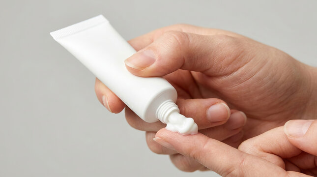 Hand applying white cream from small tube onto finger, close up of skincare or medical ointment being used for moisturizing or treatment. Soft skin care routine with neutral background