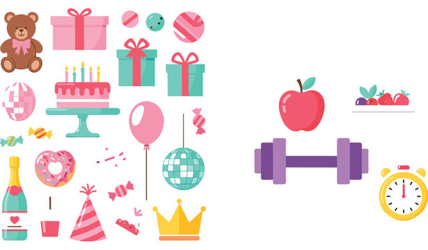 Birthday party elements and fitness icons vector illustration set including cake gifts balloon candy crown dumbbell apple and clock isolated on transparent background