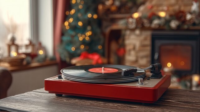 Vintage Red Vinyl Record Player Displayed in Cozy Holiday Living Room with Warm Lighting and Festive Decor