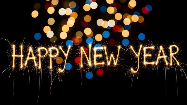 Sparkling lights form the words 'Happy New Year' against a dark background with bokeh lights