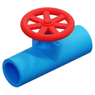 3D Blue Plastic Pipe Red Wheel Gate Valve
