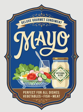 Deluxe gourmet condiment packaging design featuring mayo for various dishes including vegetables and meat
