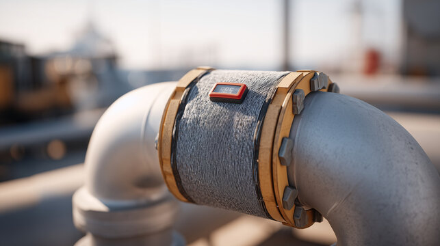 Industrial steel pipe junction with a thermoelectric ribbon generator wrapped tightly around the hottest section, temperature differential readout visible on a small adhesive gauge, perfect for ther