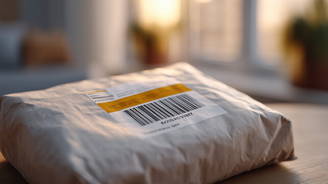 Torn return shipping label close-up on sterile white surface showing overlapping original delivery barcode and return authorization code, tape edges peeling, perfect for reverse logistics documentat