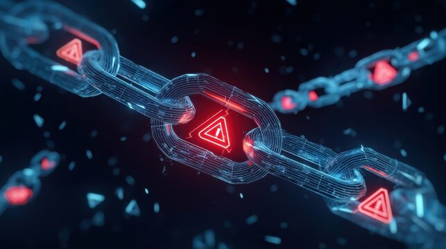 Digital Warning Sign with Broken Chain Visualization in Abstract Technology Background