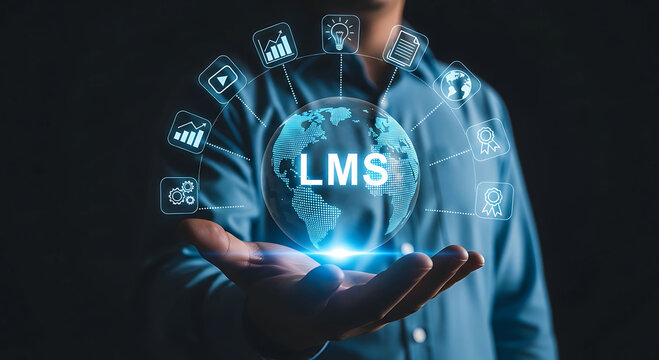 Businessman Holding LMS Learning Management System Globe with Digital Education Icons