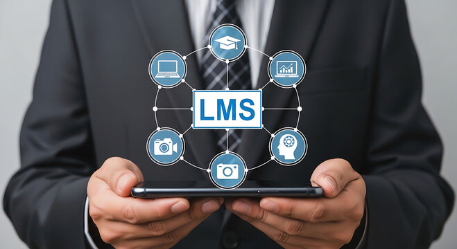 Businessman holding smartphone with LMS learning management system icons concept