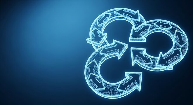 Blue, glowing 3D diagram shows circular arrows interlocking, symbolizing cycles