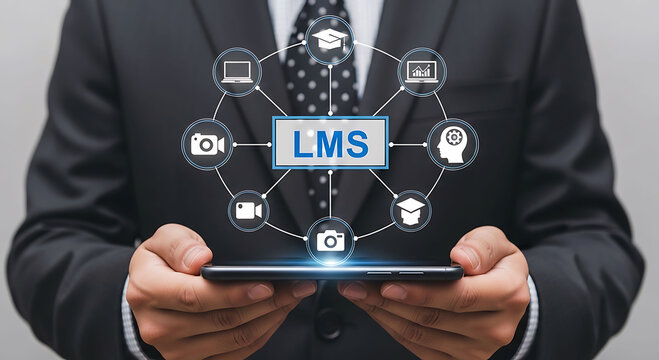 Business professional holding tablet with LMS learning management system icons
