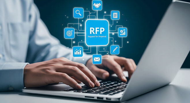 Business professional working on laptop with RFP Request for Proposal interface