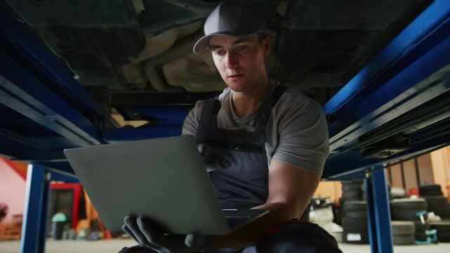 Modern auto mechanic using laptop for computerized diagnostics under a lifted car