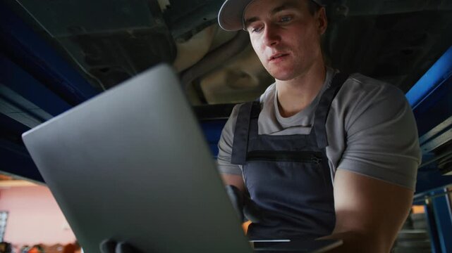 Modern auto mechanic using laptop for computerized diagnostics under a lifted car