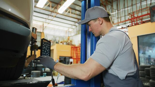 Focused professional auto mechanic adjusting car lift for undercarriage inspection in garage