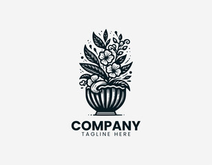 Fototapeta premium Seashell with blooming flowers is illustrated in clean detailed botanical line vector logo style on white background