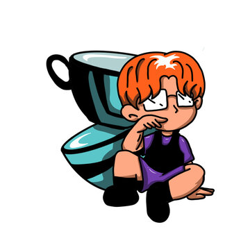 Illustration of a male barista sitting daydreaming with a background of 2 stacked cups