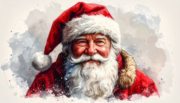Artistic Watercolor Portrait of Jolly Santa Claus with Long White Beard Wearing Red Christmas Hat and Coat on Snowy Background for Holidays