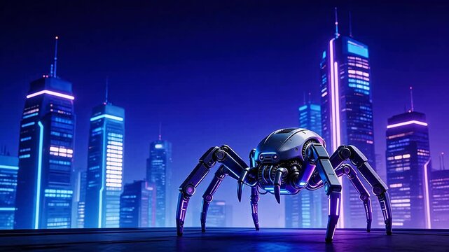 Futuristic robot spider in cityscape