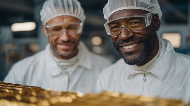 Multicultural aerospace engineers assembling a cubesat array in a white cleanroom environment under harsh fluorescent lighting, golden foil insulation reflecting in their visors, perfect for satelli