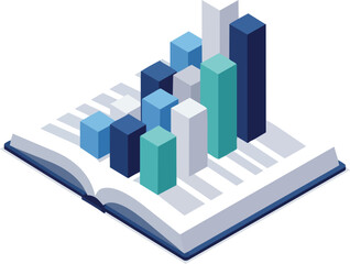 Fototapeta premium Isometric 3D Illustration of Data Bar Charts Rising from an Open Book Representing Business Analytics, Educational Statistics, and Knowledge Growth