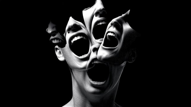 Woman screaming in mental distress with multiple distorted faces. Psychological concept of inner conflict, anxiety, disorder, dissociation, depression and emotional breakdown. Surreal art.